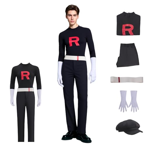Team Rakete Kostüm Cosplay, Team Rocket Schwarz Cosplay Outfit Komplettes Set mit Hut & Handschuhen, Halloween Kostüm Verkleidung für Party Rollenspiel Karneval (Herren, M) von SENGDUJH