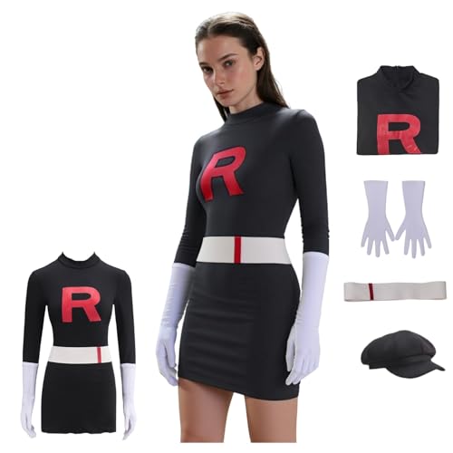 Team Rocket Kostüm Cosplay, Team Rocket Schwarz Cosplay Outfit Komplettes Set mit Hut & Handschuhen, Halloween Kostüm Verkleidung für Party Rollenspiel Karneval (Damen, M) von SENGDUJH