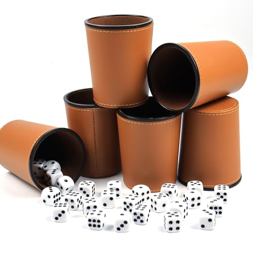 SENLINLIN Würfelbecher Schocken Set 6 Würfelbecher Leder mit 30 Würfeln, PU Kniffelbecher, Knobelbecher Leder Set für Bar-Party Würfelspiele von SENLINLIN