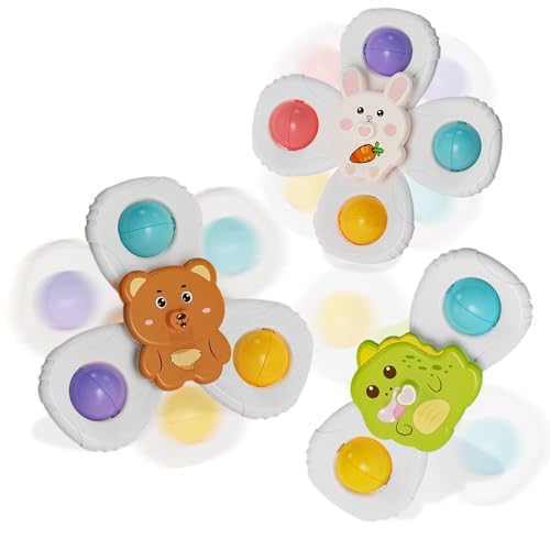 SENLINLIN Saugnapf Spielzeug Baby, 3 Stück Baby Spinner mit Saugnapf Sensorik Spielzeug 6 Monate, Badewannenspielzeug, Reisespielzeug von SENLINLIN