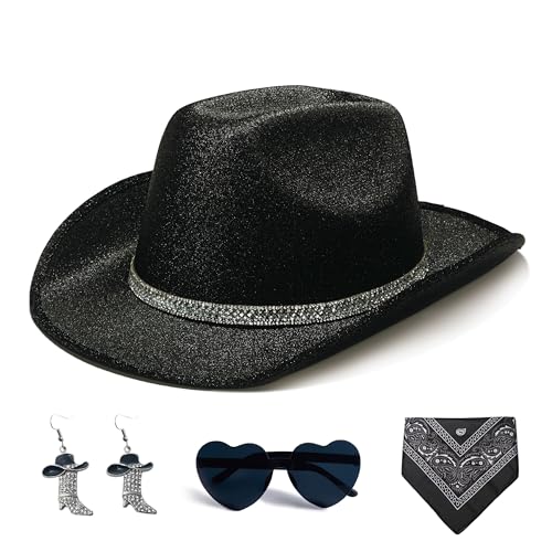 SEPTPARTY Damen Glitzer Faux Filz Cowboyhut Set für Western Party Kostüm, Glänzendes Schwarz, Einheitsgröße/M SEPTPARTY Damen Glitzer Faux Filz Cowboyhut Set für Western Party Kostüm, Glänzendes Schwarz, Einheitsgröße/M von SEPTPARTY
