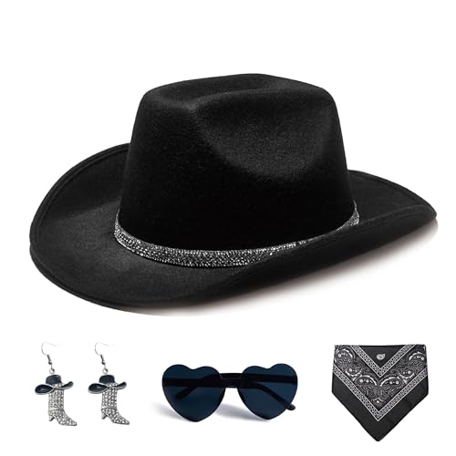 SEPTPARTY Damen Glitzer Faux Filz Cowboyhut Set für Western Party Kostüm, Schwarzes Wildleder, Einheitsgröße/M SEPTPARTY Damen Glitzer Faux Filz Cowboyhut Set für Western Party Kostüm, Schwarzes Wildleder, Einheitsgröße/M von SEPTPARTY