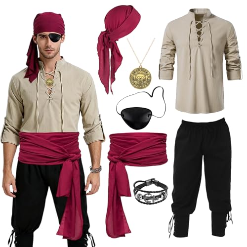 SERTAS 7-teiliges Piratenkostüm, Halloween-Kostüm, Herren, Piratenkostüm für Erwachsene, Piraten-Outfit, Halloween-Kostüme für Karneval, Cosplay-Partys (XL) von SERTAS