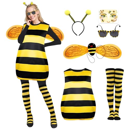 SERTAS Bienen Kostüm Damen,Hummel Faschingskostüme Damen mit Kleid,Haarband,Brille,Flügel,Socken,Gesichts-Tattoo,Bienenkostüm Erwachsene,Biene Maja Kostüm Erwachsene für Karneval SERTAS Bienen Kostüm Damen,Hummel Faschingskostüme Damen mit Kleid,Haarband,Brille,Flügel,Socken,Gesichts-Tattoo,Bienenkostüm Erwachsene,Biene Maja Kostüm Erwachsene für Karneval von SERTAS
