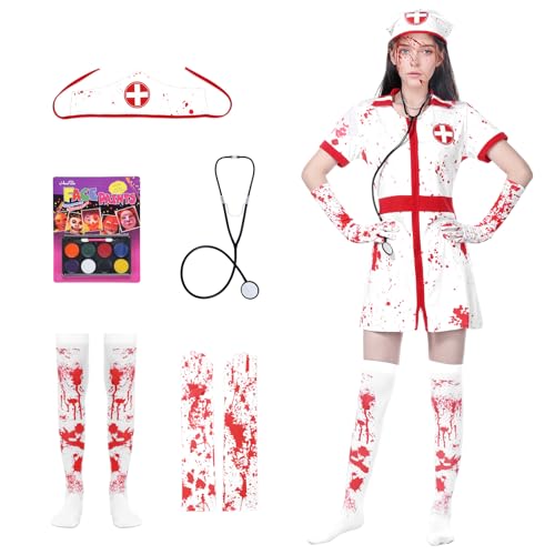 SERTAS Blutiges Krankenschwester-Kostüm-Set, blutiges Krankenschwester-Kleid, blutiges Krankenschwester-Kostüm, Krankenschwester-Outfit, perfekt für Halloween-Kostüm, Halloween-Krankenschwester-Kostüm von SERTAS