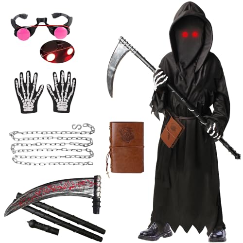 SERTAS Grim Cloak Halloween-Kostüm mit leuchtenden roten Augen für Kinder und Jungen, 7-teiliges Halloween-Kostüm-Set mit Brille, Sense, Kettengürtel (B, 155) von SERTAS
