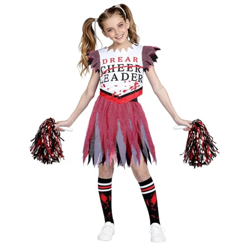 SERTAS Gruseliges, blutiges Cheerleader-Kostüm für Mädchen, Zombie-Kostüm, Zombie-Cheerleader-Kostüm für Halloween, gruseliges Halloween-Kostüm (Schwarz, 120) von SERTAS