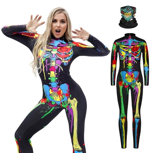 SERTAS Halloween-Kostüm für Erwachsene, Skelett-Jumpsuit, Halloween-Kostüm, Halloween-Party-Kostüm, Totenkopf-Druck, langärmelig, Overall, Outfit mit Skelett-Aufklebern für Männer und Frauen (Größe A SERTAS Halloween-Kostüm für Erwachsene, Skelett-Jumpsuit, Halloween-Kostüm, Halloween-Party-Kostüm, Totenkopf-Druck, langärmelig, Overall, Outfit mit Skelett-Aufklebern für Männer und Frauen (Größe A von SERTAS