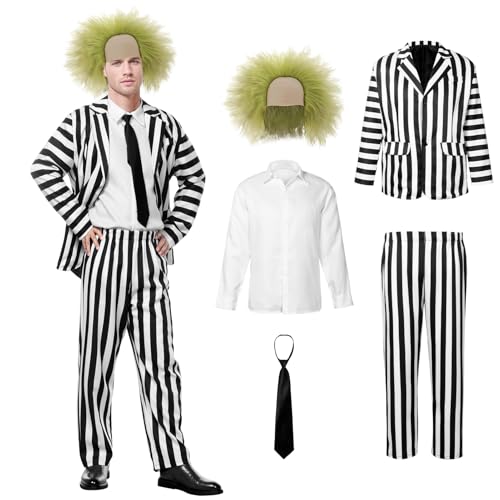 SERTAS Halloween-Kostüm für Herren, Erwachsenenkostüm, schwarz-weiß gestreifter Anzug mit Perücke, Halloween-Kostüme für Halloween, Cosplay-Party, Größe S von SERTAS