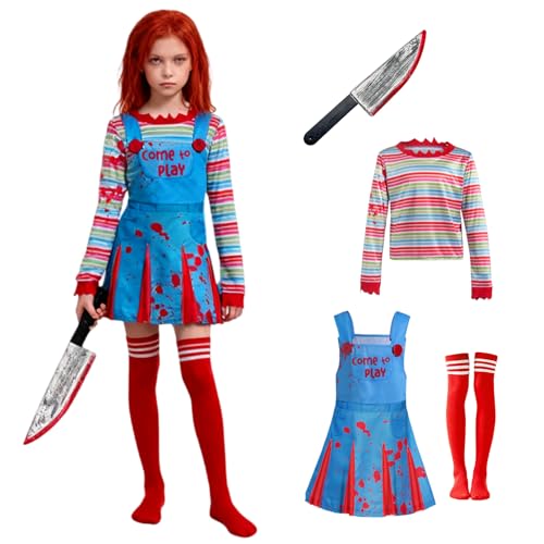 SERTAS Halloween-Kostüme für Kinder, Mädchen, Halloween-Kostüm mit blauem Cartoon-Overall, gestreiftem Hemd und Halloweenmesser für Halloween-Party (Set A, 140) von SERTAS