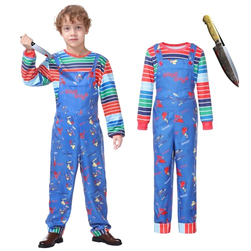 SERTAS Halloween-Kostüme für Kinder, Mädchen, Halloween-Kostüm mit blauem Cartoon-Overall, gestreiftem Hemd und Halloweenmesser für Halloween-Party (Set B, 130) von SERTAS