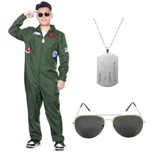 SERTAS Herren-Piloten-Kostüm, Flieger-Kostüm, Halloween-Kostüm, grüner Fliegeranzug mit Piloten-Overall, Halskette, Sonnenbrille, Halloween-Party, Cosplay-Outfit für Herren, Erwachsene, Cosplay (M) SERTAS Herren-Piloten-Kostüm, Flieger-Kostüm, Halloween-Kostüm, grüner Fliegeranzug mit Piloten-Overall, Halskette, Sonnenbrille, Halloween-Party, Cosplay-Outfit für Herren, Erwachsene, Cosplay (M) von SERTAS