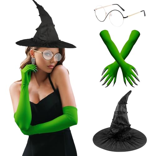 SERTAS Hexenkostüm-Zubehör, Halloween-Kostüme für Erwachsene, Damen, mit Hexenhut, Brille, Handschuhe für Cosplay-Verkleidungen SERTAS Hexenkostüm-Zubehör, Halloween-Kostüme für Erwachsene, Damen, mit Hexenhut, Brille, Handschuhe für Cosplay-Verkleidungen von SERTAS