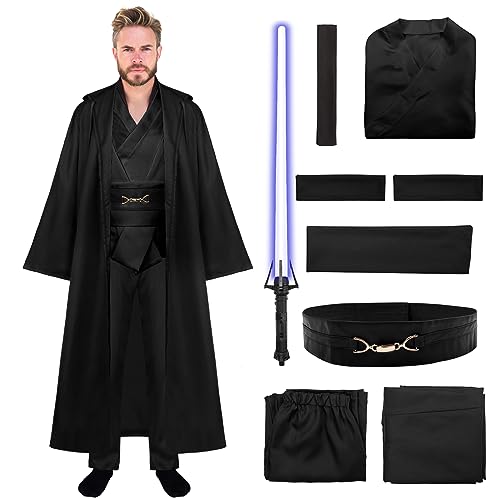 SERTAS Jedi Kostüm Erwaschene Jedi Kostüm Herren mit Lichtschwert 8 Stücke Jedi Robe Halloween Karneval Kostüm Cosplay Requisiten Set (Schwarz, L) von SERTAS