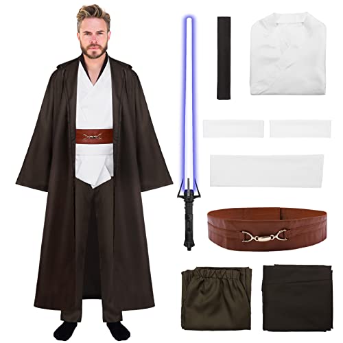 SERTAS Jedi Kostüm Erwaschene Jedi Kostüm Herren mit Lichtschwert 8 Stücke Jedi Robe Halloween Karneval Kostüm Cosplay Requisiten Set (Weiß, XL) von SERTAS