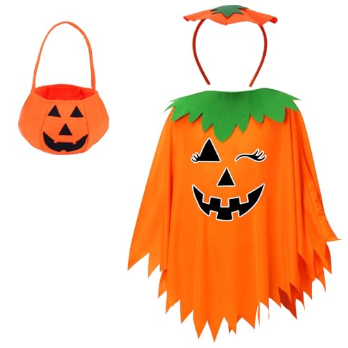 SERTAS Kürbis-Kostüm für Erwachsene, Kinder, Halloween-Kostüme für Damen, leuchtendes Kürbis-Kostüm-Set mit Umhang, Hut und Tasche für Kinder, Erwachsene (Kinder) von SERTAS