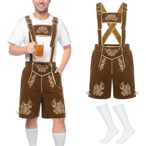 SERTAS Lederhose, Oktoberfest-Outfit, bayerisches besticktes Kostüm, Oktoberfest-Outfit für Herren, bayerisches Kostüm (Braun, L) von SERTAS