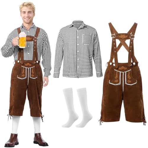 SERTAS Oktoberfest-Outfit für Herren, bayerisches Kostüm, Oktoberfest-Kostüm, Deluxe-Lederhose, kariertes Hemd und Hosenträger (Grau, Größe M) von SERTAS