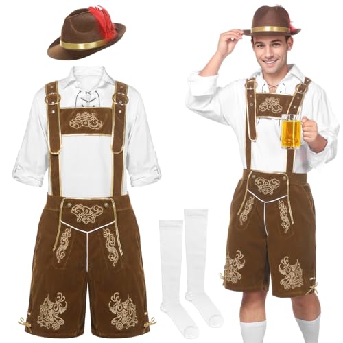 SERTAS Oktoberfest-Outfit für Herren, bayerisches Kostüm, Oktoberfest-Kostüm, Deluxe-Lederhose, weißes Hemd und Hosenträger mit Strümpfen, Hut, 4-teiliges Set (Weiß, M) von SERTAS