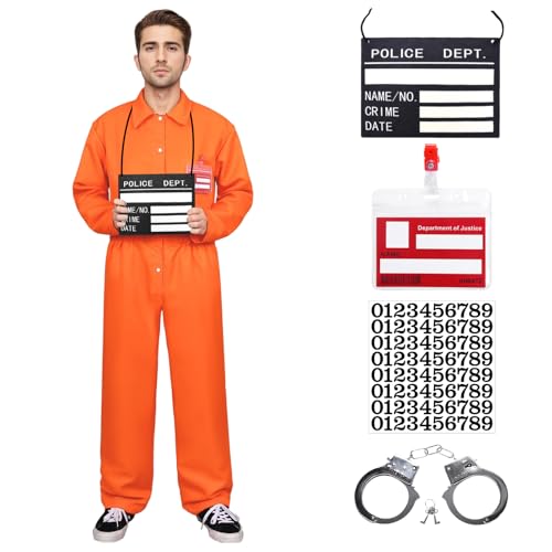 SERTAS Orangefarbenes Gefangenenkostüm, orangefarbener Gefängnis-Overall für Herren, Halloween-Insassen-Outfit, Gefangenen-Overall für Herren, mit Namensschild für Halloween-Kostüm (A, XXL) von SERTAS