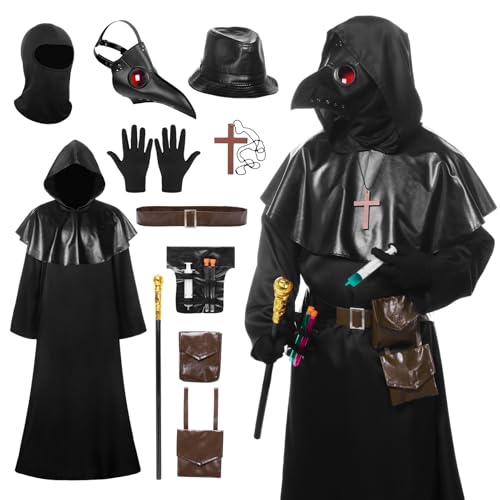 SERTAS Pestdoktor-Halloween-Kostüm-Set, mittelalterliches Steampunk-Kostüm, Pestarzt-Maske, Cosplay, Halloween-Kostüm, schwarzer Robe, Rollenspiel, Outift für Erwachsene, Männer, Frauen (schwarze von SERTAS