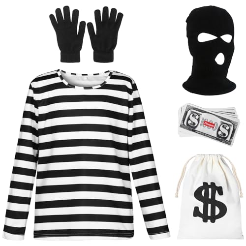 SERTAS Räuber-Kostüm, Halloween-Kostüm, Herren, Häftlingskostüm, Halloween, Erwachsenenkostüm-Set, inklusive T-Shirt, Handschuhe, Taschen und schwarze Kapuze für Halloween-Party, Größe S von SERTAS