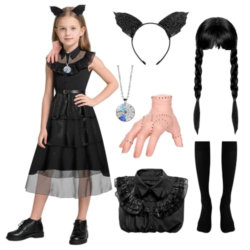 SERTAS Schwarzes Halloween-Kleid für Kinder, Mädchen, Abschlussball-Party-Kostüm, komplettes Set, Cosplay-Outfit, Gothic-Kostüme für Halloween, Familienfeier, Geburtstag (Set A, 110) von SERTAS