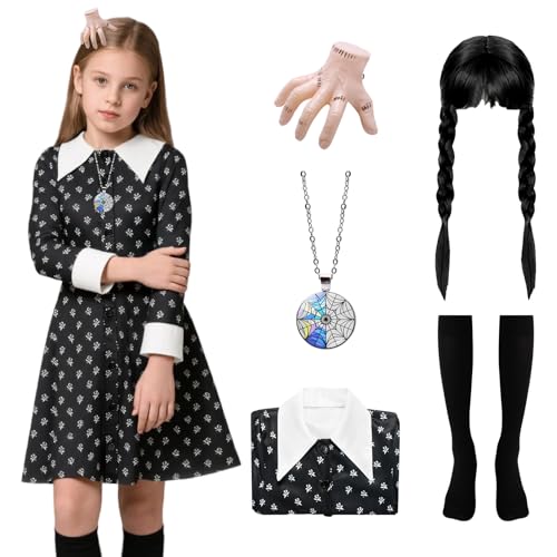 SERTAS Schwarzes Halloween-Kleid für Kinder, Mädchen, Abschlussball-Party-Kostüm, komplettes Set, Cosplay-Outfit, Gothic-Kostüme für Halloween, Familienfeier, Geburtstag (Set B, 140) von SERTAS