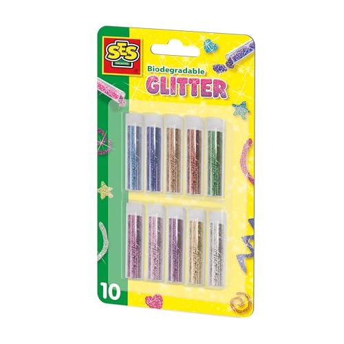 SES Creative 00252 Biologisch Abbaubarer Glitzer - 10 Glitzerfarben - Glitzer zum Basteln - Biologisch Abbaubar - Für Kinder Ab 3 Jahren von SES Creative