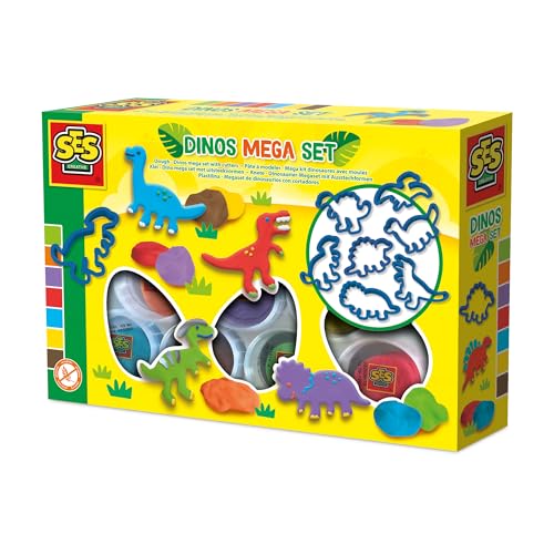 SES Creative 00503 Dino-Knete Mega Set - mit 7 Dinosaurier-Knetformen - 7 Farben Knete - Glutenfrei - Vegan - Für Kinder Ab 2 Jahren von SES Creative