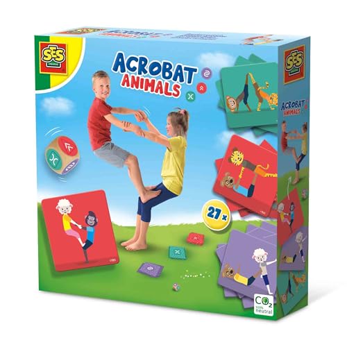 SES Creative | Spiel Tierakrobatik Kinder | 27 Karten + Würfel | Motorische Aktivität 5 Jahre+ | Bewegungsspiel Outdoor Indoor | Balance Koordination | Geschenkidee Aktiv von SES Creative