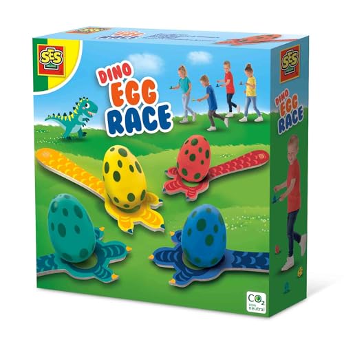 SES Creative | Dino Eierlauf Spiel für Kinder | Outdoor Bewegungsspiel mit 4 Holzlöffeln & Dino-Eiern | Garten-Wettlauf ab 3 Jahre | Inklusive Aufbewahrungstasche | Motorikspiel Dinosaurier Set von SES Creative