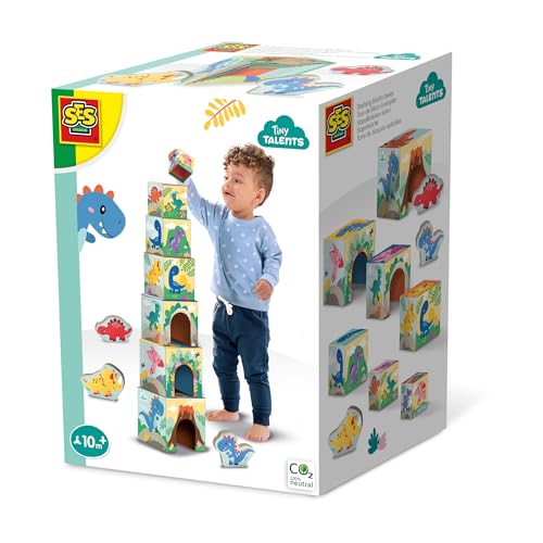 SES Creative 13202 Stapelwürfel Set mit Dino-Figuren, Lernspielzeug für Kleinkinder von SES Creative