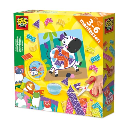 SES Creative 14061 Montessori-Spielzeug - Formen schneiden Lernen mit kindersicherer Schere - Basteln mit 6 Plakaten, 2 Schneidekarten und Fingerkleber (sensorisch) - Für Kinder Ab 3 Jahren von SES Creative