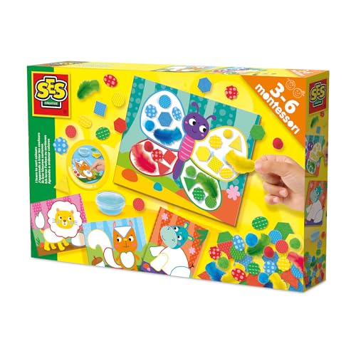 SES Creative 14062 Montessori-Spielzeug Farben und Materialien Sortieren - 4 Platten - Sensorisches Spielzeug - Federn, Struktur-Schaum, Filz und Fingerkleber - Für Kinder Ab 3 Jahren von SES Creative