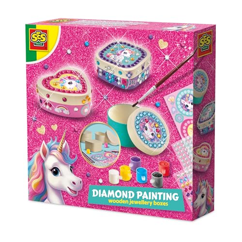 SES Creative 14138 Einhorn - Diamantmalerei Holz-Schmuckkästchen - Kreatives Bastelset für Kinder ab 5 Jahren - Dekoriere Kästchen mit Diamantstickern - Perfekt zur Schatzaufbewahrung von SES Creative