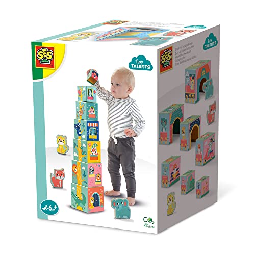 SES Creative | Stapelturm mit Tierfiguren aus Holz für Babys ab 6 Monaten | 7 Farbige Würfel & 3 Holztiere | Motorikspielzeug zur Förderung von Koordination & Fantasie | Sicheres Babyspielzeug von SES Creative