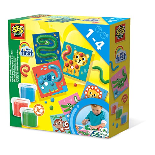 SES Creative | My First Knet-Aktivitätskarten | 6 Tierkarten + 3 Dosen à 90 g | Lernspiel für Kinder | Feinmotorik | Glutenfrei und leicht zu reinigen | Kreative Aktivität Ab 1 Jahr von SES Creative