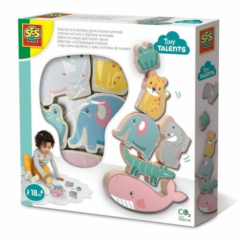 SES Creative 13121 - Balancier- und Stapelspiel Holztiere, Motorikspielzeug für Kleinkinder ab 18 Monate von SES Creative
