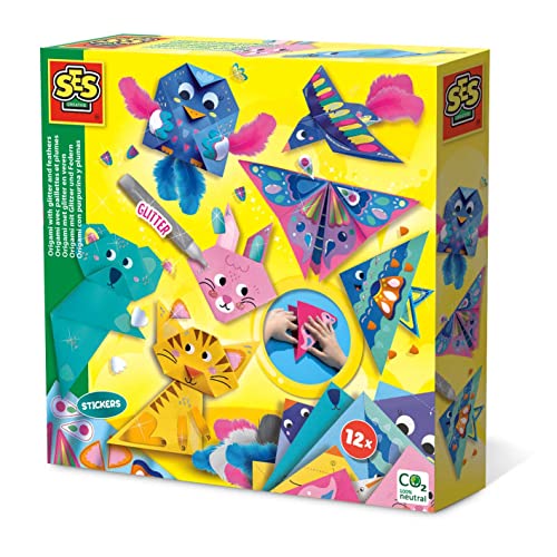 SES creative 14783 Origami mit Glitzer und Federn, Diverse Farben von SES Creative