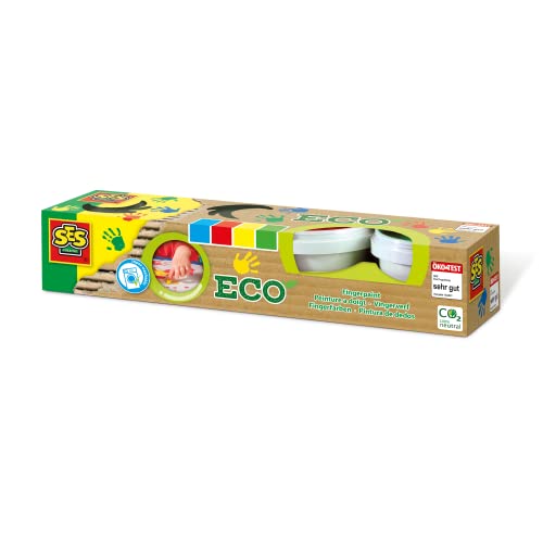 SES Creative 24926 - Eco Fingerfarbe 4 Farben x 150ml, aus natürlichen Rohstoffen, Hautfreundlich, Auswaschbar, Recycelte Verpackung, 110 g (4er Pack) von SES Creative