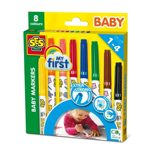 SES Creative 00299 Baby Farben Marker, SchwarzBlauBraunGrünOrangePinkRotGelb, 8 Stück (1er Pack) von SES