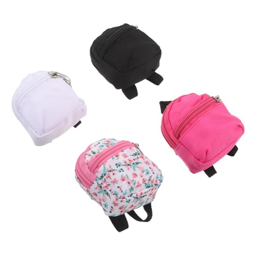 SEWACC 4 Stück Teiliges Miniatur Rucksack mit Funktionalem Reißverschluss Detailgetreue Polyester Doll Rucksäcke in Weiß Rosa Schwarz Gemustert für Puppen Dress Up Rollenspiele Puppenhaus von SEWACC