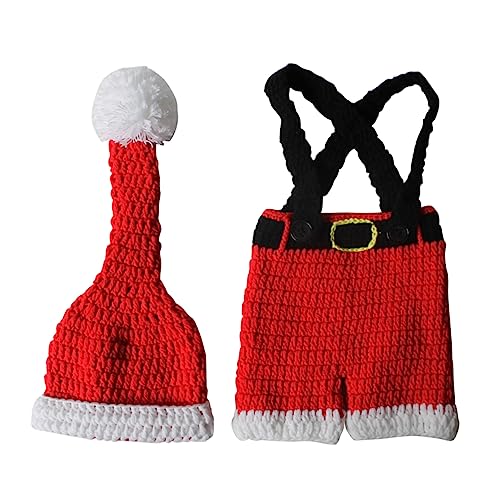 SEWACC Weihnachtskostüm Set aus Gewebtem Stoff mit Mütze und Hose Weiches Warmes Outfit für Monate Fotoshooting Zubehör für Festliche Weihnachtsfotos von SEWACC