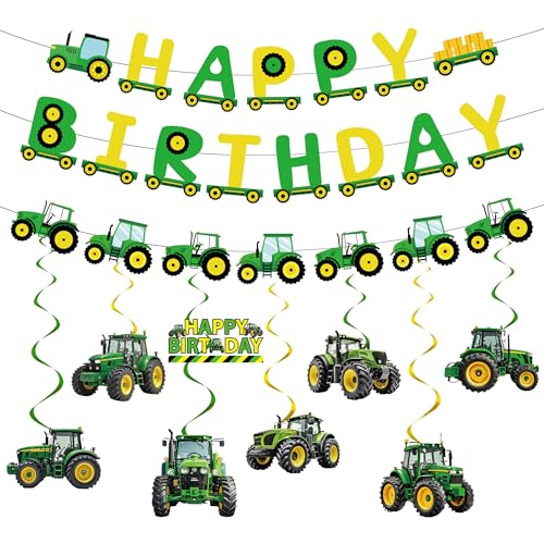 Traktor-Geburtstagsparty-Dekorationen, Banner – 11 Stück, grün, Happy Birthday, Wimpelkette, Bagger, hängende Wirbel für Bagger, Motto-Babyparty, 2. / 3. Geburt, Dekorationen für Jungen Traktor-Geburtstagsparty-Dekorationen, Banner – 11 Stück, grün, Happy Birthday, Wimpelkette, Bagger, hängende Wirbel für Bagger, Motto-Babyparty, 2. / 3. Geburt, Dekorationen für Jungen von SEWIRUY