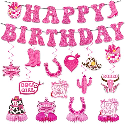 Western Cowgirl Geburtstagsparty-Dekorationen – 16 Stück rosa Disco Bachelorette Dekoration inklusive Happy Birthday Banner Cowgirls Hut hängende Wirbel Wabenaufsatz für Brautdusche Zubehör Western Cowgirl Geburtstagsparty-Dekorationen – 16 Stück rosa Disco Bachelorette Dekoration inklusive Happy Birthday Banner Cowgirls Hut hängende Wirbel Wabenaufsatz für Brautdusche Zubehör von SEWIRUY