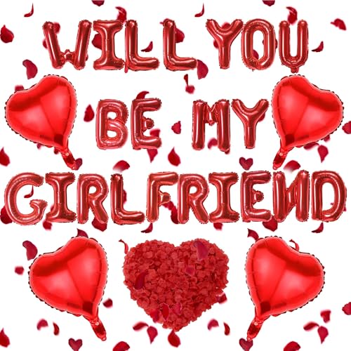 "Will You Be My Girlfriend"-Dekorationen – 525 Stück Valentinstagszubehör, rote Buchstaben- und Herzballons, 40,6 cm Folienballons mit Rosenblättern für romantische Anlässe von SEWIRUY