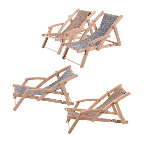 SEWOART 4 Stück Teiliges Miniatur Sonnenliegestuhl Faltbare Mini Strandstühle für Puppenhaus Deko Detailreiche Langlebige Mini Lounge Modelle in Hellbraun für DIY Fairygarten und Vitrine von SEWOART