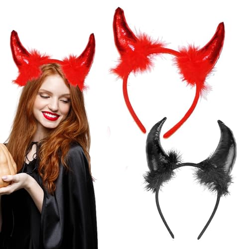 SFSSHUI 2 Pcs Teufel Stirnband,Teufelshörner,Teufelsohren,Teufel Ohren Haarband,Teufelsohren Headwear,Devil Hörner Rot Schwarz,Für Halloween,Karneval,Kostüm Party Foto Requisiten. von SFSSHUI