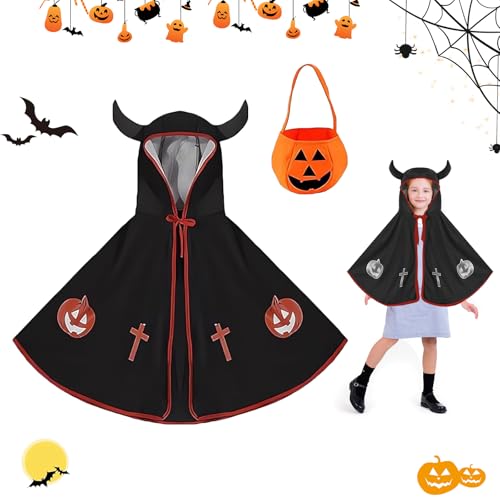SFSSHUI Kinder Teufelkostüm,Halloween Umhang Cape mit Ox Horn Mit Kapuze Mantel,Kinder Halloween Kostüm,Hexen Zauberer Umhang,Kürbis Candy Bag,Für Halloween Cosplay Party von SFSSHUI